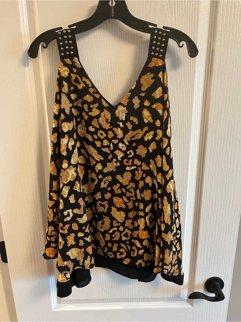 Thalia Sodi Black Camisole with Gold Metallic Leopard Print and Studded Straps